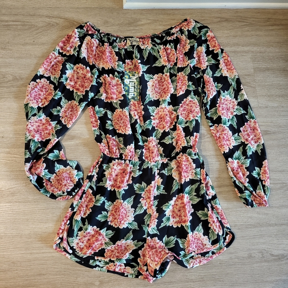 Show Me Your MuMu Black Floral Off-Shoulder Romper with Pink Flowers